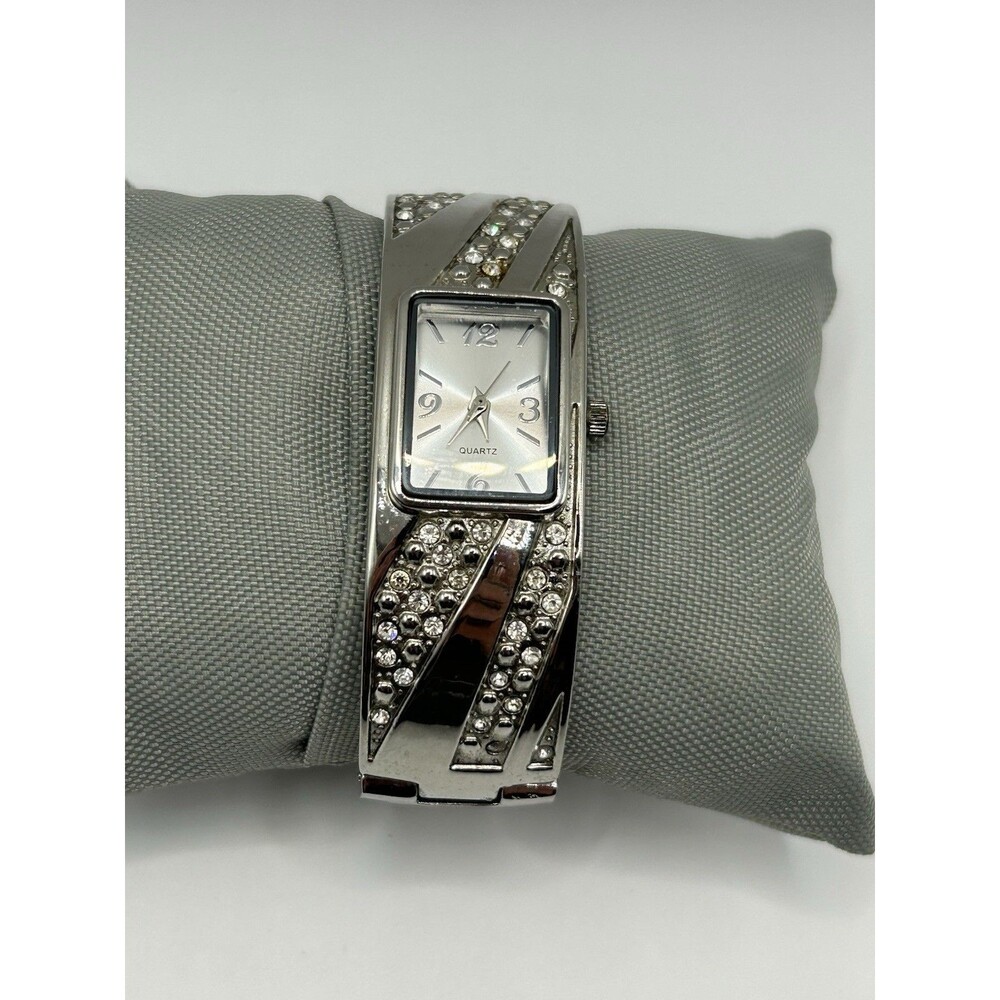Vintage Gina Quartz Ladies Watch Silver Tone Rhinestone Cuff Japan Movt Running